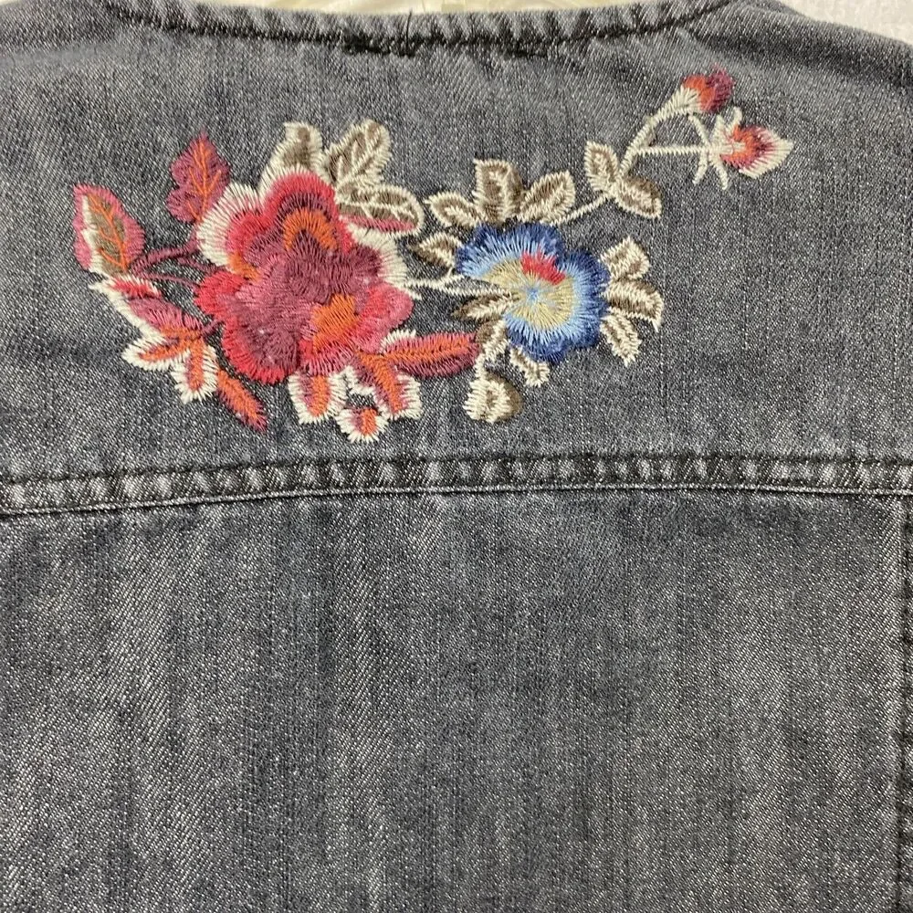 Hannah Jean Jacket Womens Small Black Denim Floral Embroidered Button Down - Picture 14 of 15